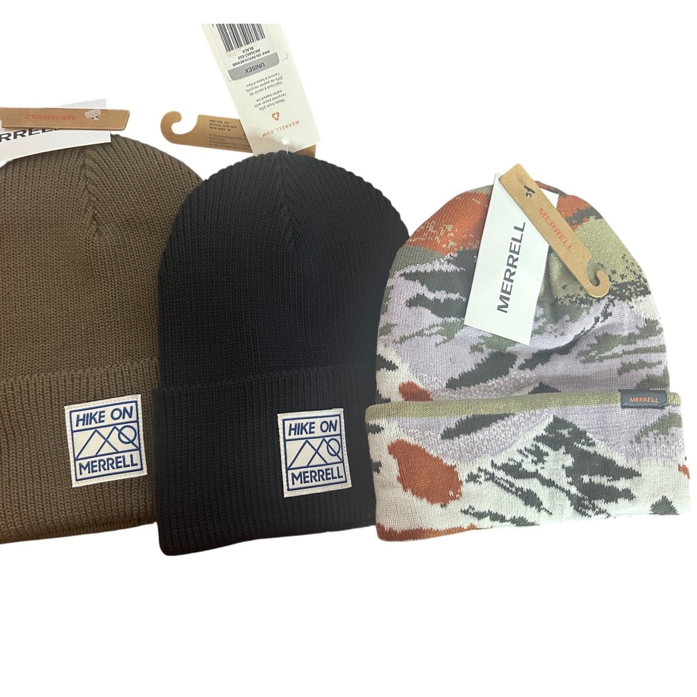 Lot of 3‎ Merrell Unisex Patch Beanie Hat OS Martini Olive Black Camo New